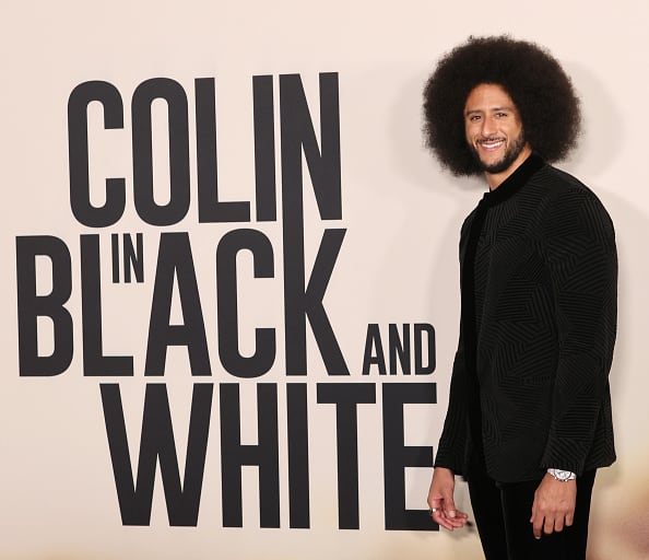 Colin Kaepernick arrives at the Los Angeles premiere of Netflix's "Colin In Black And White" at Academy Museum of Motion Pictures on October 28