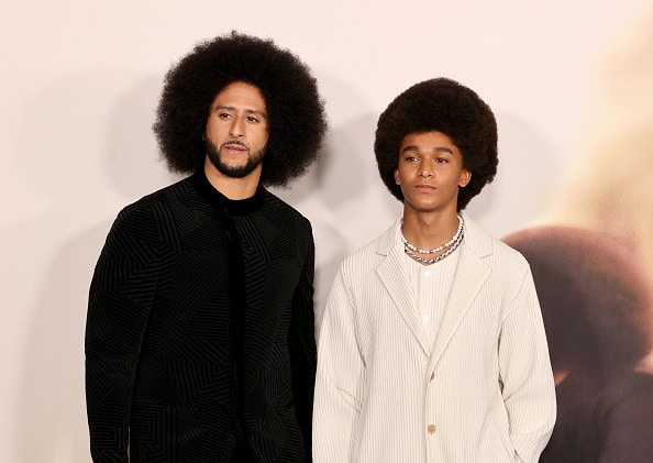 Colin Kaepernick (L) and Jaden Michael arrive at the Los Angeles premiere of Netflix's "Colin In Black And White" at Academy Museum of Motion Pictures on October 28