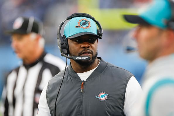 Head coach Brian Flores of the Miami Dolphins walks on the sideline during the game against the Tennessee Titans at Nissan Stadium on January 02