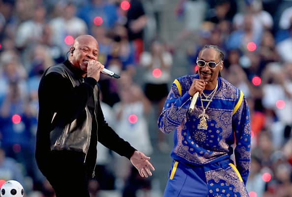 Dr. Dre and Snoop Dogg perform during the Pepsi Super Bowl LVI Halftime Show at SoFi Stadium on February 13