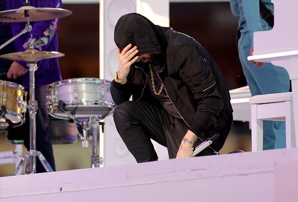 Eminem performs during the Pepsi Super Bowl LVI Halftime Show at SoFi Stadium on February 13
