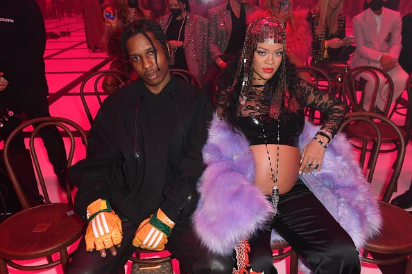 Asap Rocky and Rihanna are seen at the Gucci show during Milan Fashion Week Fall/Winter 2022/23 on February 25