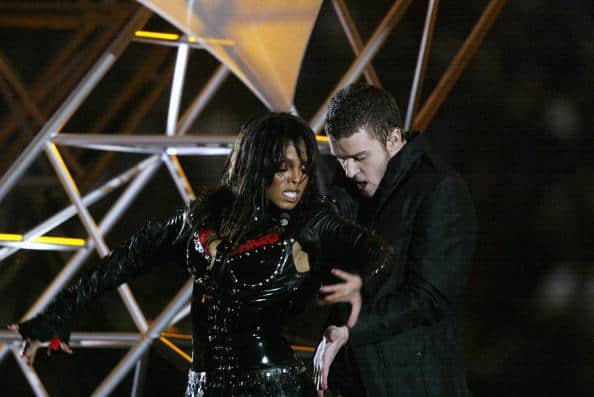 Singers Janet Jackson and Justin Timberlake perform during the halftime show at Super Bowl XXXVIII between the New England Patriots and the Carolina Panthers at Reliant Stadium on February 1