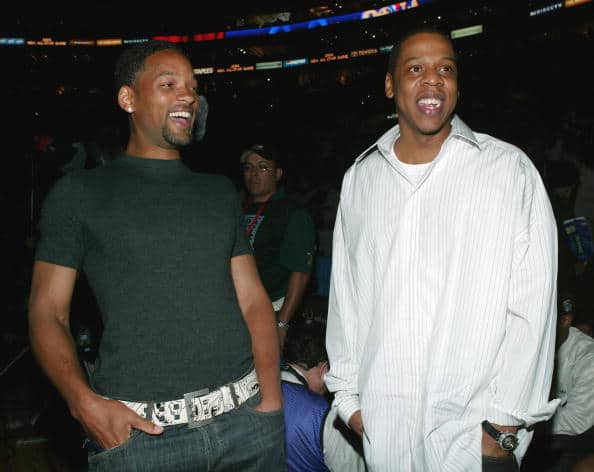 (L-R) Actor Will Smith and rap artist Jay Z attend the 2004 NBA All-Star Game held at the Staples Center