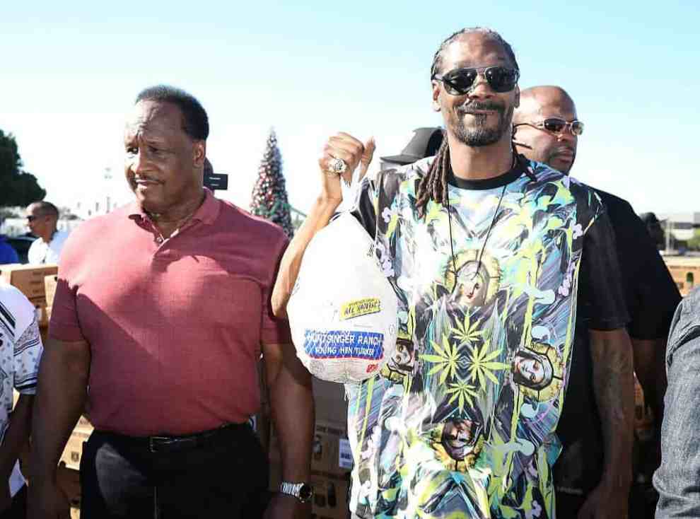 Mayor of Inglewood James T Butts and Snoop Dog attend the 2nd Annual Thanksgiving Turkey Giveaway at The Forum on November 19