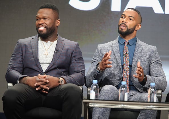 Executive producer/actor Kurtis "50 Cent" Jackson and actor Omari Hardwick speak onstage during the 'Power' panel discussion at the Starz portion of the 2016 Television Critics Association Summer Tour at The Beverly Hilton Hotel on August 1