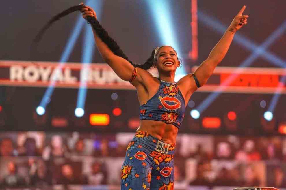 Bianca Belair celebrating her Royal Rumble win.