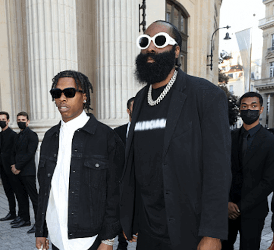 Lil Baby and James Harden are seen arriving at a Balenciaga dinner at the Bourse De Commerce Pinault Collection on July 07