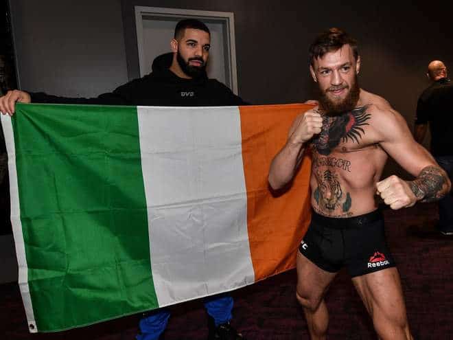 Rapper Drake and Conor McGregor of Ireland pose for a photo backstage during the UFC 229 weigh-in inside T-Mobile Arena on Octob