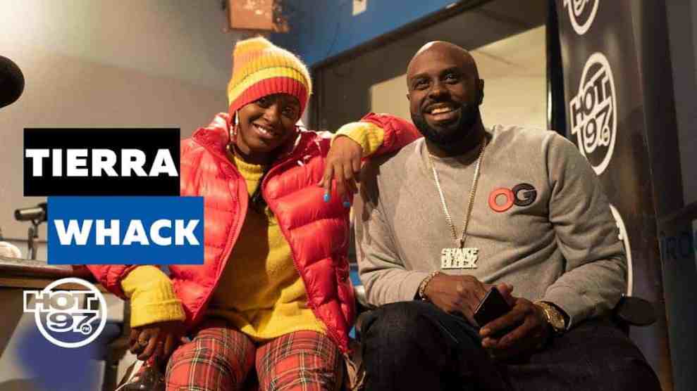 Rapper Tierra Whack smiling with yellow hat and red coat and Funk Flex smiling in Grey Sweatshirt #Freestyle115