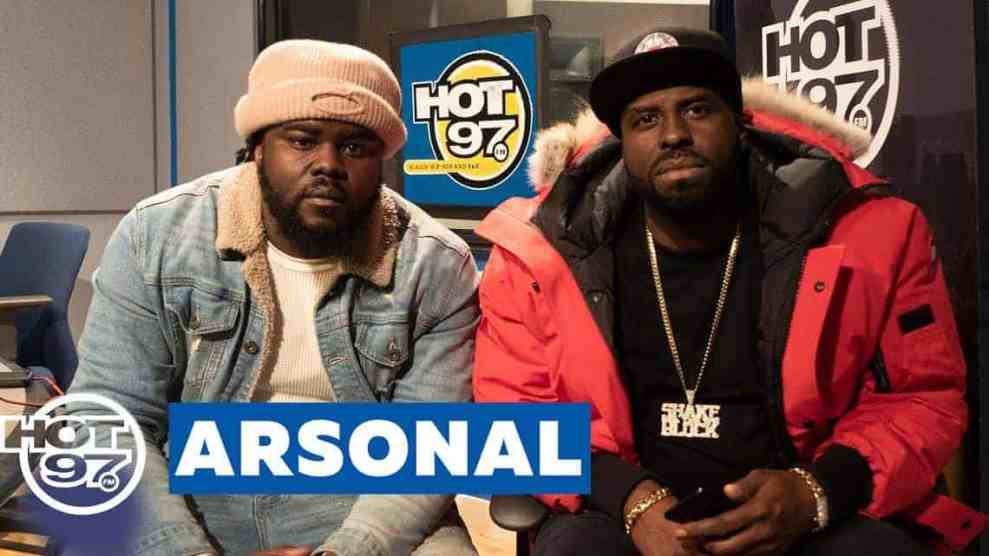 Battle Rapper Arsonal in jean jacket with Funk Flex in goose jacket Hot 97 #Freestyle116