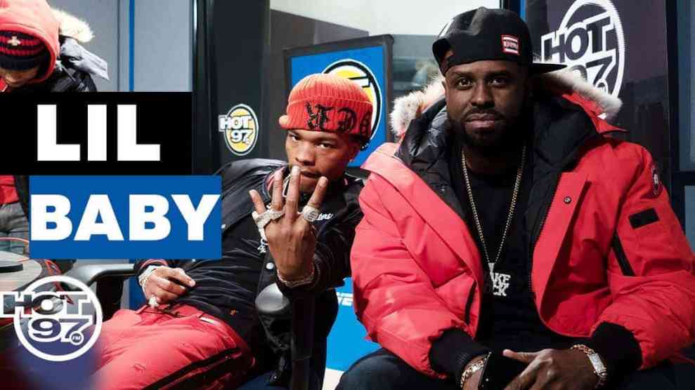 Rapper Lil Baby with Diamond Rings on in red hat and Funk Flex in red goose coat with black hat #Freestyle117