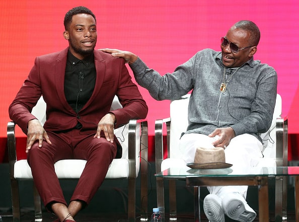 Actor Woody McClain (L) and recording artist Bobby Brown of the television show 'The Bobby Brown Story' speak during the Viacom segment of the Summer 2018 Television Critics Association Press Tour at the Beverly Hilton Hotel on July 27