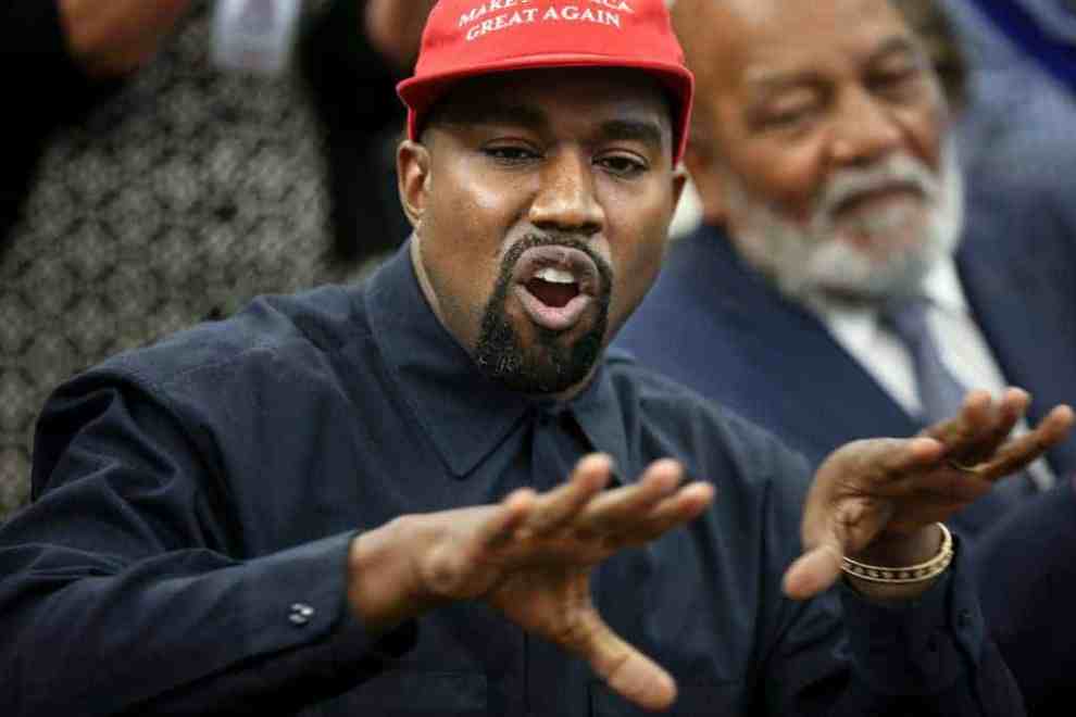 Rapper Kanye West speaks during a meeting with U.S. President Donald Trump in the Oval Office.