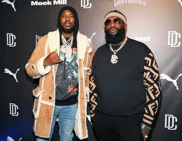 Rappers Meek Milll and Rick Ross attend Meek Mill and PUMA celebrate CHAMPIONSHIPS album release party at PHD at the Dream Downtown on November 29