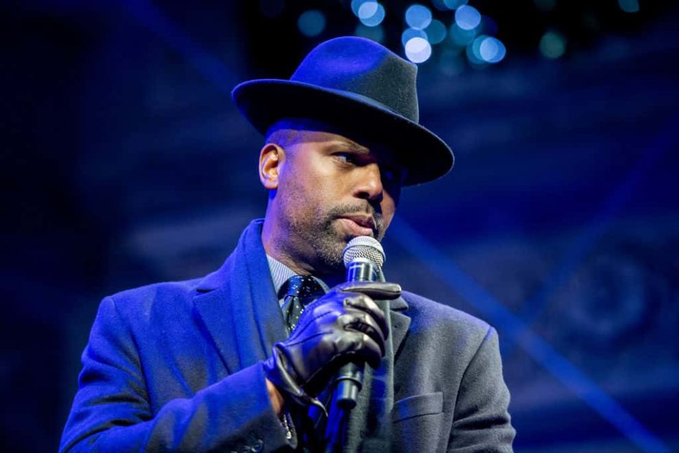 Host A. J. Calloway on stage as the New York Stock Exchange Celebrates 95th Annual Christmas Tree lighting at the at New York St