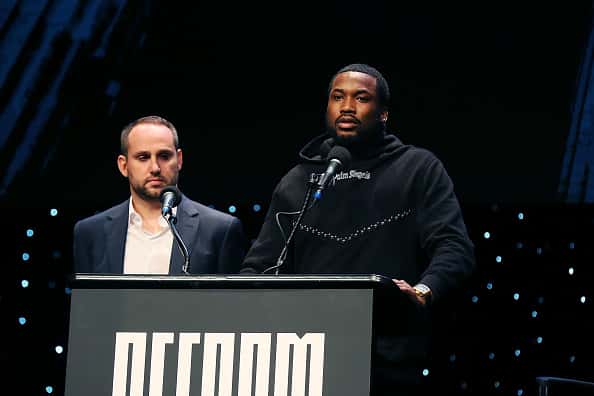Meek Mill and Michael Rubin attend Criminal Justice Reform Organization Launch at Gerald W. Lynch Theater on January 23