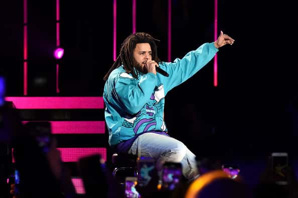 J. Cole performs during halftime of the 2019 NBA All-Star Game on February 17
