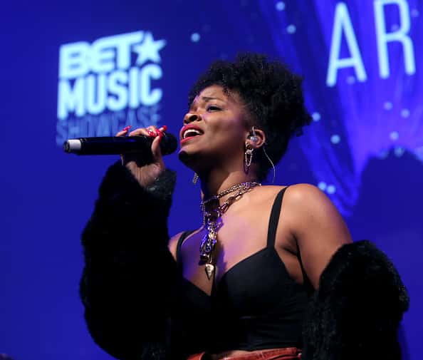 Ari Lennox performs on stage during BET music showcase Grammy Awards weekend at NeueHouse Hollywood on February 08