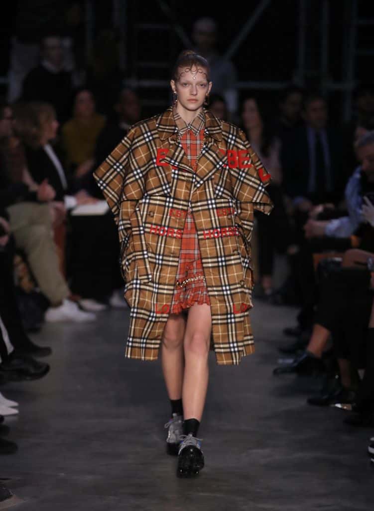 A model walks the runway at the Burberry show during London Fashion Week February 2019 on February 17