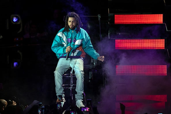 Rapper J. Cole performs during halftime of the 68th NBA All-Star Game on February 17