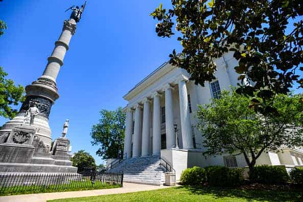 The Confederate Memorial stands outside the Governor's office at the Alabama State Capitol 