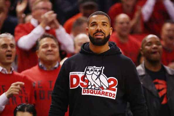 Rapper Drake tosses a ball during game four of the NBA Eastern Conference Finals between the Milwaukee Bucks and the Toronto Ra