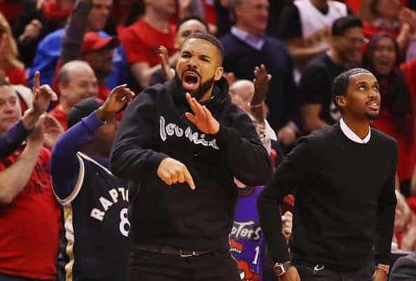 Rapper Drake reacts during game six of the NBA Eastern Conference Finals between the Milwaukee Bucks and the Toronto Raptors at