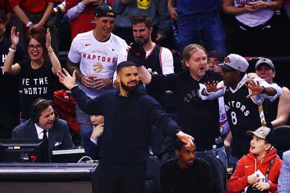 Drake reacts in the first half during Game Two of the 2019 NBA Finals between the Golden State Warriors and the Toronto Raptors.