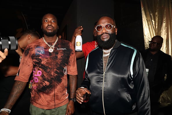 Rick Ross and Meek Mill attend Rick Ross "Port Of Miami 2" Album Release Celebration at Villain on August 8