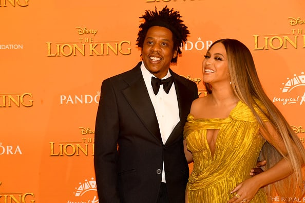 Jay Z and Beyonce Knowles-Carter attend "The Lion King" European Premiere at Leicester Square on July 14