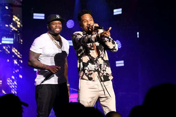 Curtis "50 Cent" Jackson (L) and Trey Songz perform onstage at STARZ Madison Square Garden "Power" Season 6 Red Carpet Premiere