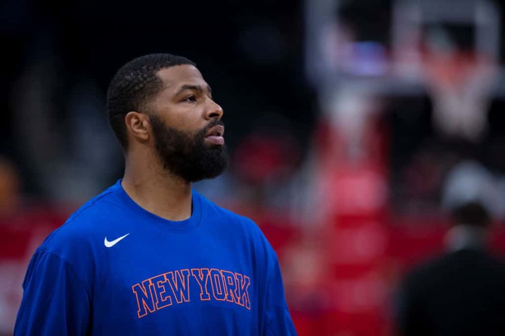 Marcus Morris wearing his Knicks warm-up suit