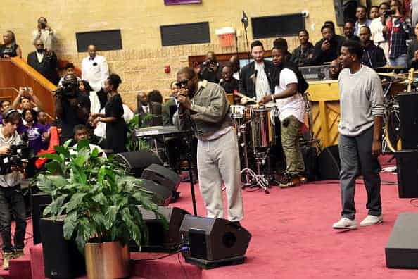 Kanye West (c) speaks during Sunday Service at The Greater Allen A.M.E. Cathedral of New York on September 29