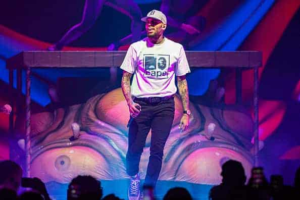 Recording artist Chris Brown performs on stage at Viejas Arena on October 18