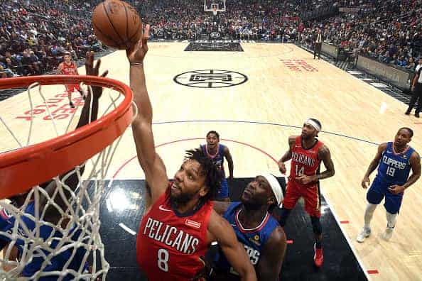 Jahlil Okafor #8 of the New Orleans Pelicans reaches for the ball during the game against the LA Clippers on November 24