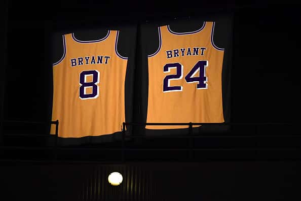 View of Los Angeles Lakers Kobe Bryant (8) and (24) retired jerseys in rafters before game vs Houston Rockets at Staples Center. Los Angeles