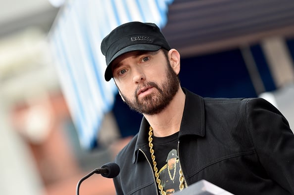 Eminem attends the ceremony honoring Curtis "50 Cent" with a Star on the Hollywood Walk of Fame on January 30