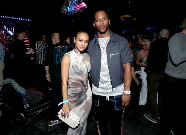 Karrueche Tran and Victor Cruz attend AT&T TV Super Saturday Night at Meridian at Island Gardens on February 01
