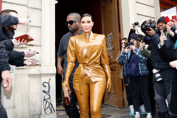 Kim Kardashian and Kanye West at the Theatre des Bouffes du Nord to attend Kanye West's Sunday Service on March 01