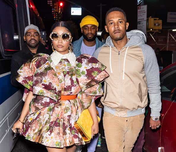 Kenneth Petty and Rapper Nicki Minaj are seen leaving the Marc Jacobs Fall 2020 runway show during New York Fashion Week on February 12