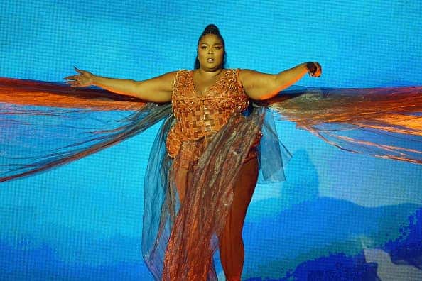 (EDITORIAL USE ONLY) Lizzo performs live on stage during The BRIT Awards 2020 at The O2 Arena on February 18