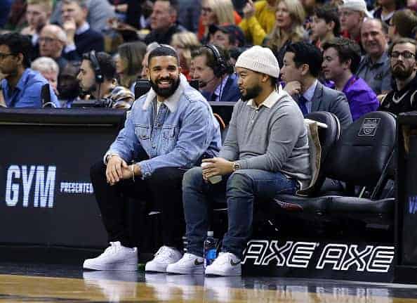Singer Drake looks on from his court side seats during the first half of an NBA game between the Phoenix Suns and the Toronto Raptors at Scotiabank Arena on February 21