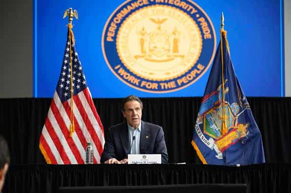 Governor of New York Andrew Cuomo speaks during a news conference at the Jacob Javits Convention Center during the Coronavirus pandemic on March 30