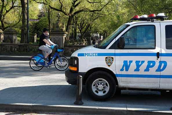 NYPD patrols Central park to assure people keep to social distancing rules during the coronavirus pandemic on May 2