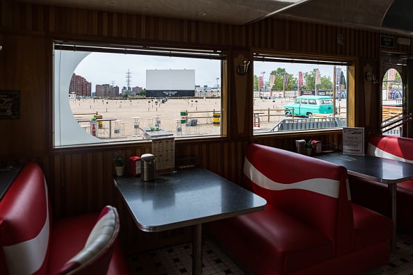 A general view of the Autocine Madrid Race open-air cinema from the american 50's restaurant on May 07