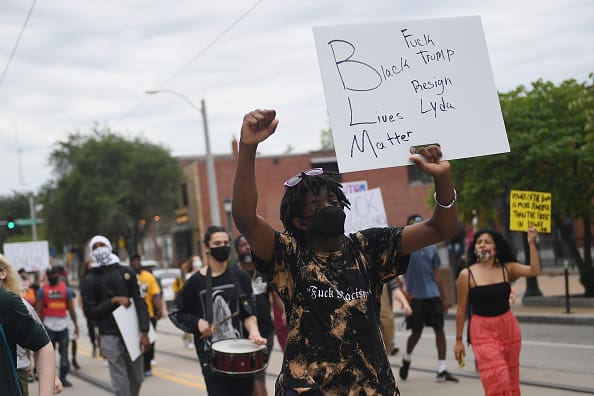 Black Lives Matter protesters demonstrate after a failed pro President Donald Trump demonstration on July 27