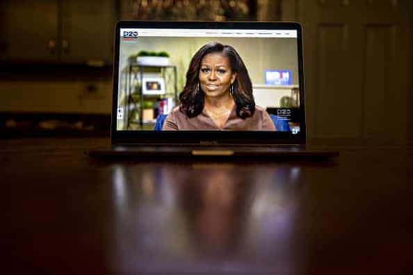 Former U.S. First Lady Michelle Obama speaks during the virtual Democratic National Convention seen on a laptop computer in Tiskilwa