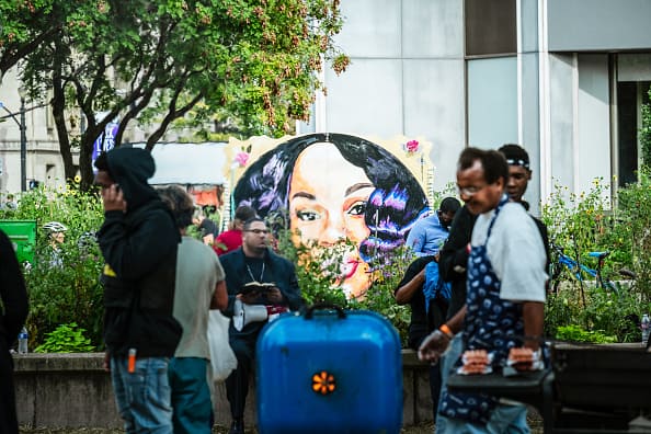 Protesters gather in front of the Breonna Taylor memorial in Jefferson Square Park on September 22