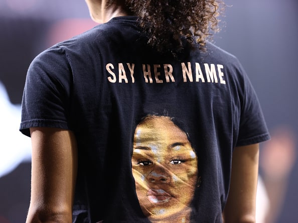 A view of a shirt honoring Breonna Taylor seen during the game between the Minnesota Lynx and the Seattle Storm in Game Two of the Semifinals of the 2020 WNBA Playoffs on September 24